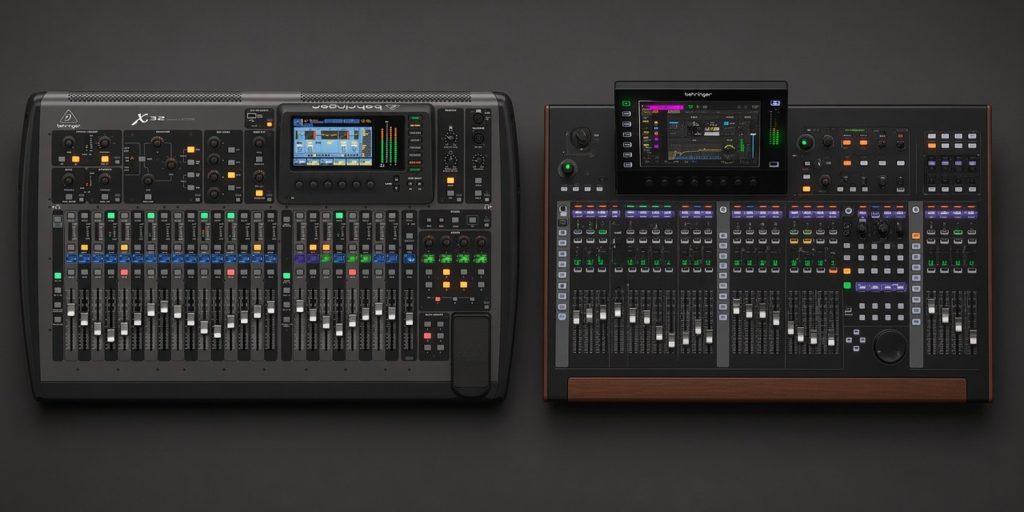 Behringer X32 and WING digital mixing consoles side by side, seen from above