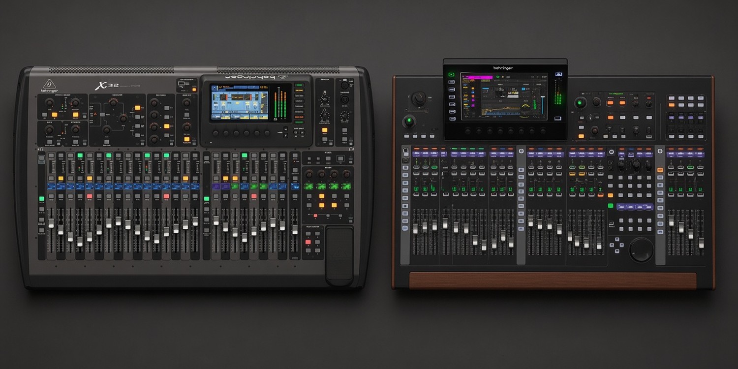 Behringer X32 and WING digital mixing consoles side by side, seen from above