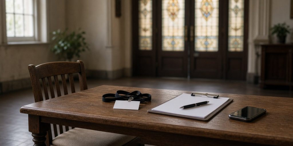 Empty chair at a church welcome desk with a blank badge, clipboard and phone