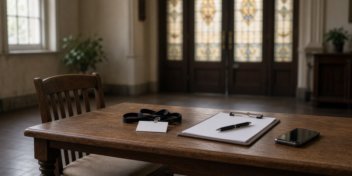 Empty chair at a church welcome desk with a blank badge, clipboard and phone
