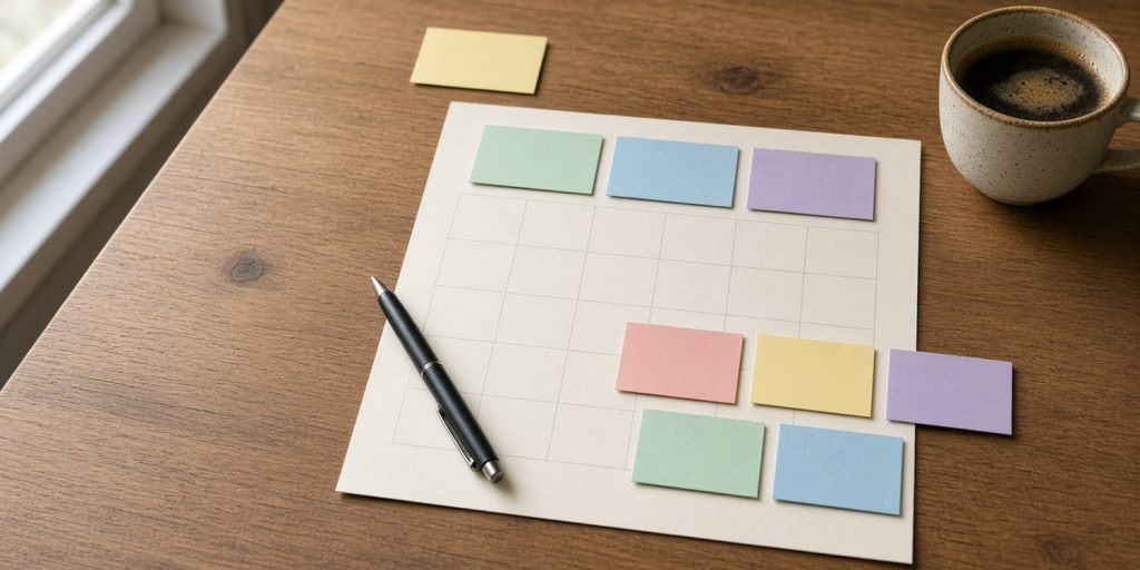 Desk with a planner sheet, colored cards in groups, a pen and a cup of coffee
