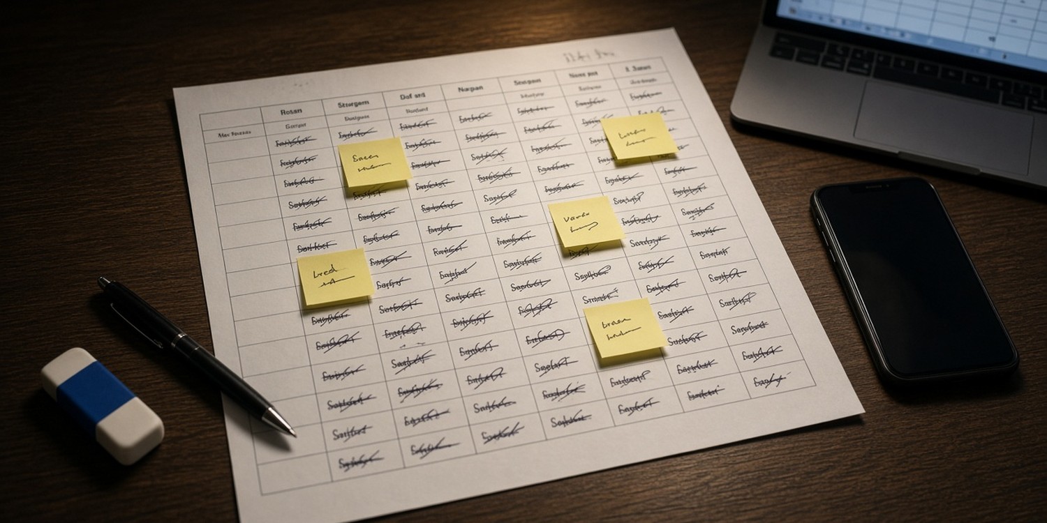 Printed monthly volunteer rota covered in crossed-out names and sticky notes