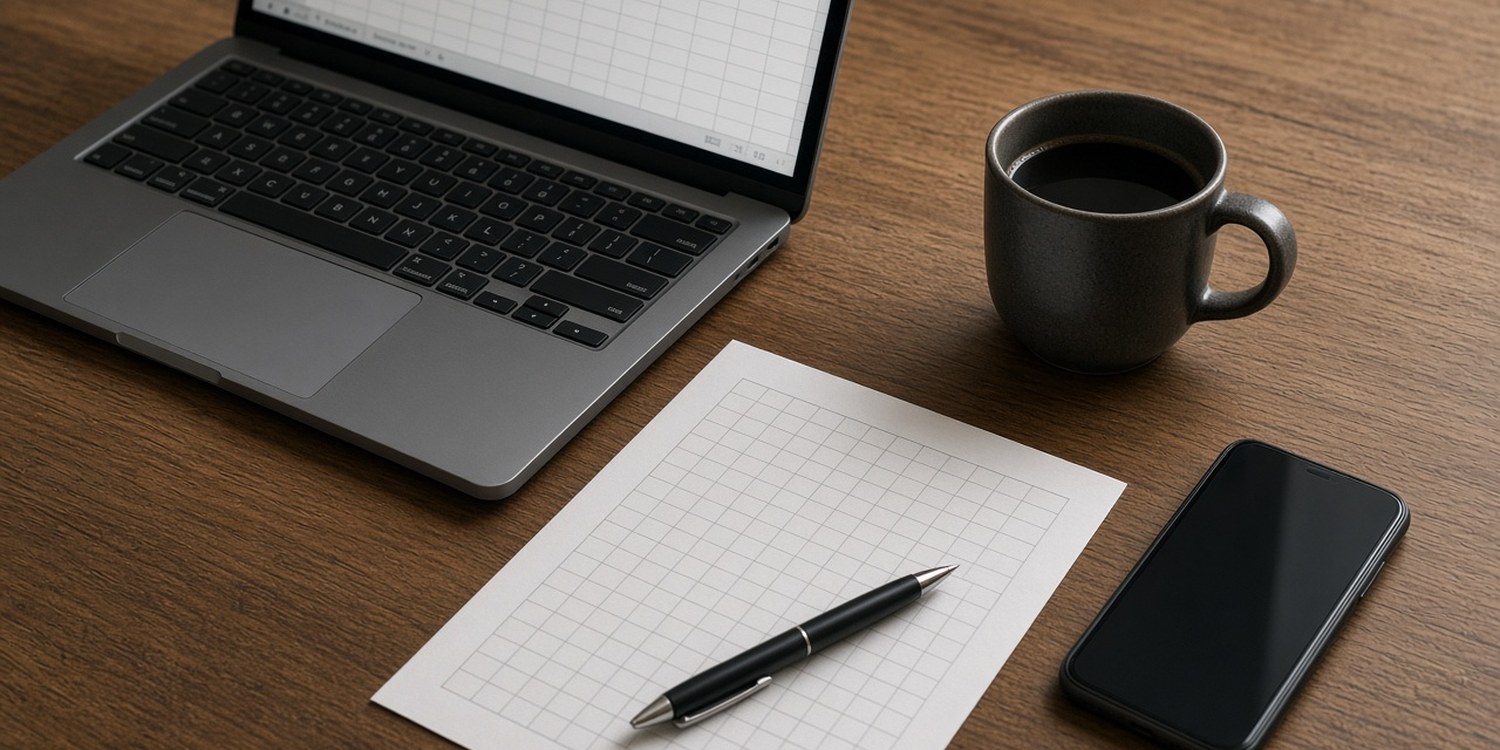Desk with an open laptop showing a spreadsheet, a paper grid, a pen, a coffee mug and a smartphone