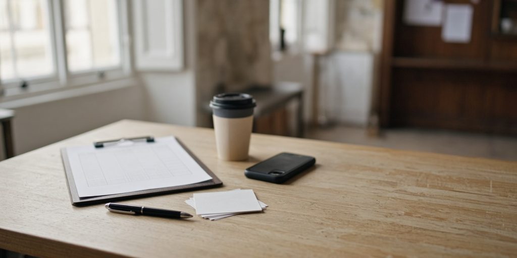 Clipboard with a volunteer rota on a church welcome table before Sunday service